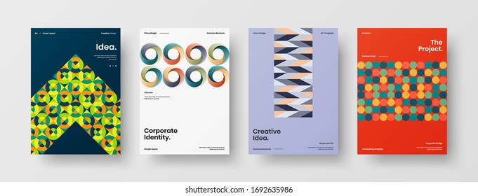 Company identity brochure template collection. Business presentation vector A4 vertical orientation front page mock up set. Corporate report cover abstract geometric illustration design layout bundle.