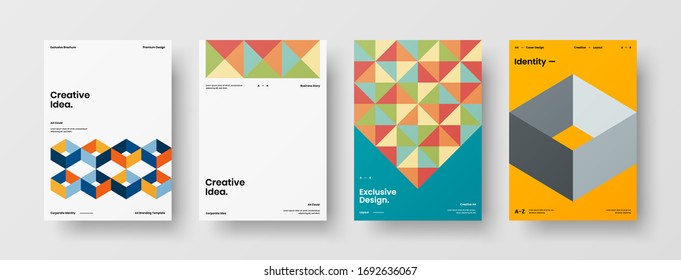 Company identity brochure template collection. Business presentation vector A4 vertical orientation front page mock up set. Corporate report cover abstract geometric illustration design layout bundle.