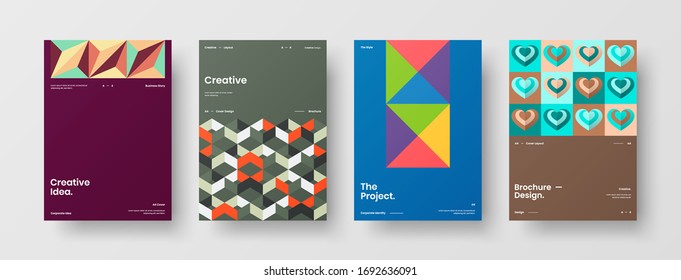 Company identity brochure template collection. Business presentation vector A4 vertical orientation front page mock up set. Corporate report cover abstract geometric illustration design layout bundle.