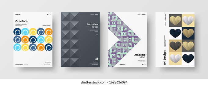 Company identity brochure template collection. Business presentation vector A4 vertical orientation front page mock up set. Corporate report cover abstract geometric illustration design layout bundle.