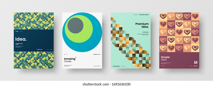 Company identity brochure template collection. Business presentation vector A4 vertical orientation front page mock up set. Corporate report cover abstract geometric illustration design layout bundle.