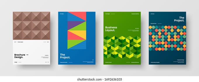 Company identity brochure template collection. Business presentation vector A4 vertical orientation front page mock up set. Corporate report cover abstract geometric illustration design layout bundle.