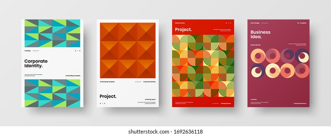 Company identity brochure template collection. Business presentation vector A4 vertical orientation front page mock up set. Corporate report cover abstract geometric illustration design layout bundle.