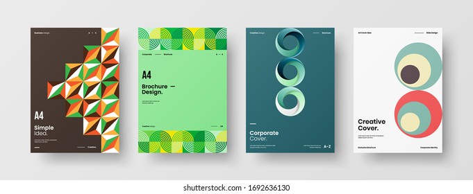 Company identity brochure template collection. Business presentation vector A4 vertical orientation front page mock up set. Corporate report cover abstract geometric illustration design layout bundle.