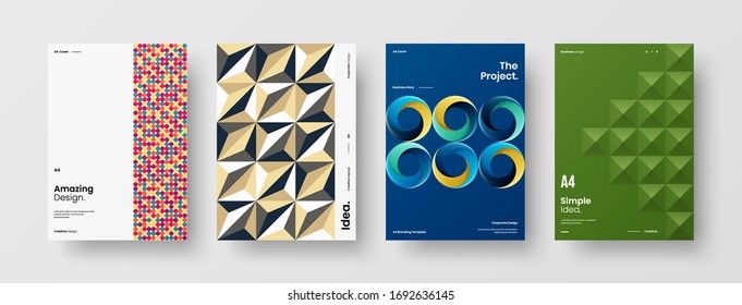 Company identity brochure template collection. Business presentation vector A4 vertical orientation front page mock up set. Corporate report cover abstract geometric illustration design layout bundle.