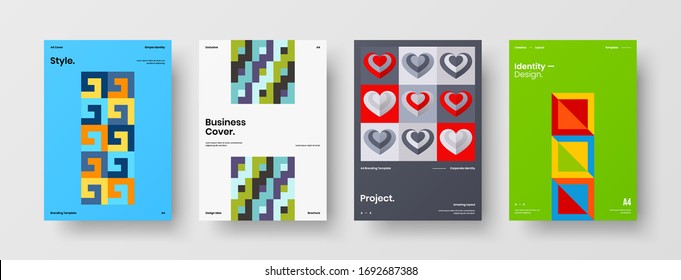 Company identity brochure template collection. Business presentation vector A4 vertical orientation front page mock up set. Corporate report cover abstract geometric illustration design layout bundle.