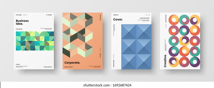 Company identity brochure template collection. Business presentation vector A4 vertical orientation front page mock up set. Corporate report cover abstract geometric illustration design layout bundle.