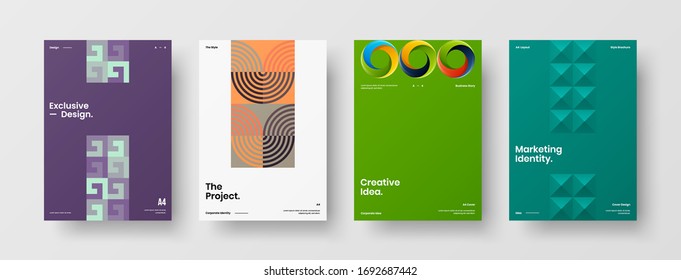 Company identity brochure template collection. Business presentation vector A4 vertical orientation front page mock up set. Corporate report cover abstract geometric illustration design layout bundle.