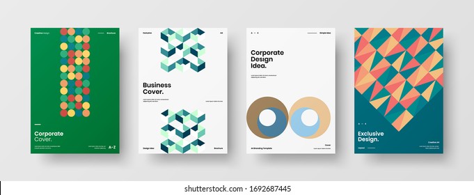 Company identity brochure template collection. Business presentation vector A4 vertical orientation front page mock up set. Corporate report cover abstract geometric illustration design layout bundle.