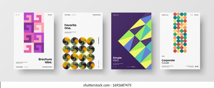 Company identity brochure template collection. Business presentation vector A4 vertical orientation front page mock up set. Corporate report cover abstract geometric illustration design layout bundle.