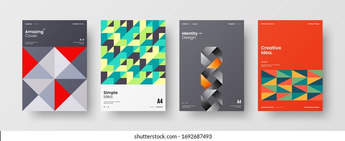 Company identity brochure template collection. Business presentation vector A4 vertical orientation front page mock up set. Corporate report cover abstract geometric illustration design layout bundle.