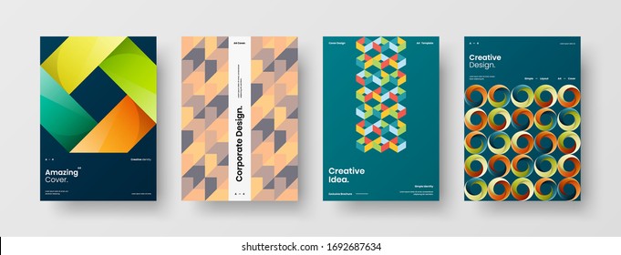 Company identity brochure template collection. Business presentation vector A4 vertical orientation front page mock up set. Corporate report cover abstract geometric illustration design layout bundle.