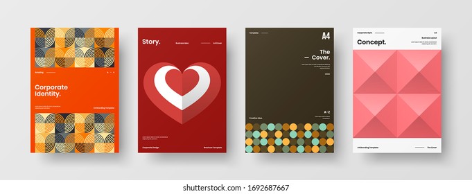 Company identity brochure template collection. Business presentation vector A4 vertical orientation front page mock up set. Corporate report cover abstract geometric illustration design layout bundle.