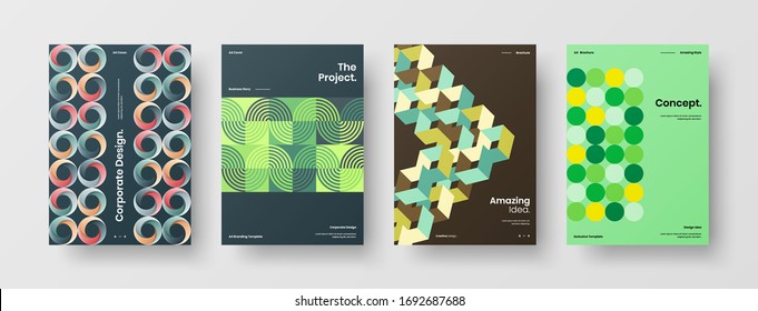 Company identity brochure template collection. Business presentation vector A4 vertical orientation front page mock up set. Corporate report cover abstract geometric illustration design layout bundle.