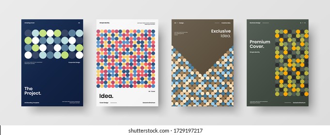 Colección de plantillas de folletos de identidad de la empresa. Presentación de negocio vectorial orientación vertical primera página maqueta conjunto. El informe corporativo cubre el paquete de diseño de ilustración geométrica abstracta.