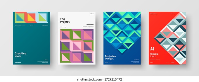 Company identity brochure template collection. Business presentation vector vertical orientation front page mock up set. Corporate report cover abstract geometric illustration design layout bundle.