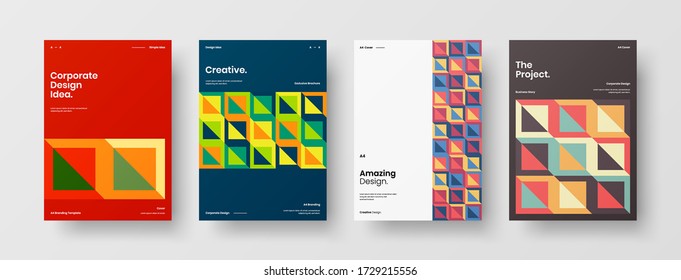 Company identity brochure template collection. Business presentation vector vertical orientation front page mock up set. Corporate report cover abstract geometric illustration design layout bundle.