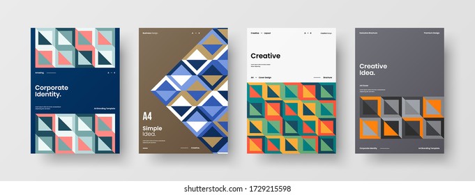 Company identity brochure template collection. Business presentation vector vertical orientation front page mock up set. Corporate report cover abstract geometric illustration design layout bundle.
