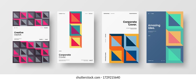 Company identity brochure template collection. Business presentation vector vertical orientation front page mock up set. Corporate report cover abstract geometric illustration design layout bundle.
