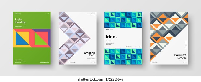 Company identity brochure template collection. Business presentation vector vertical orientation front page mock up set. Corporate report cover abstract geometric illustration design layout bundle.