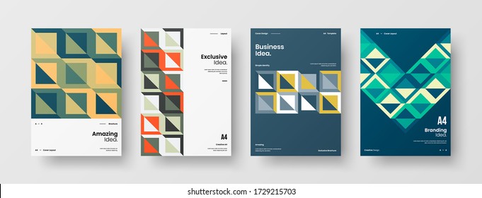 Company identity brochure template collection. Business presentation vector vertical orientation front page mock up set. Corporate report cover abstract geometric illustration design layout bundle.