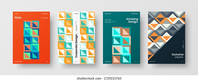 Company identity brochure template collection. Business presentation vector vertical orientation front page mock up set. Corporate report cover abstract geometric illustration design layout bundle.