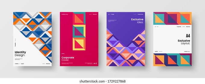 Company identity brochure template collection. Business presentation vector vertical orientation front page mock up set. Corporate report cover abstract geometric illustration design layout bundle.