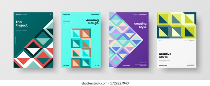 Company identity brochure template collection. Business presentation vector vertical orientation front page mock up set. Corporate report cover abstract geometric illustration design layout bundle.