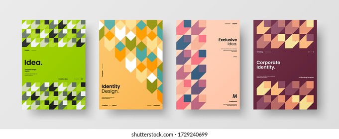 Company identity brochure template collection. Business presentation vector vertical orientation front page mock up set. Corporate report cover abstract geometric illustration design layout bundle.