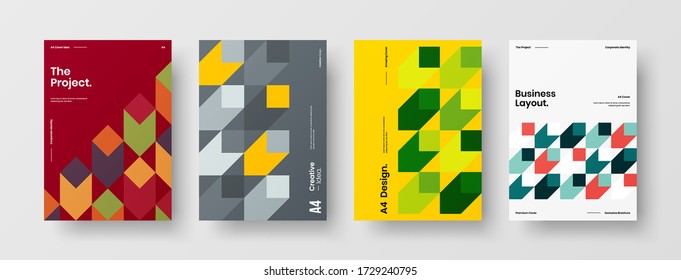 Company identity brochure template collection. Business presentation vector vertical orientation front page mock up set. Corporate report cover abstract geometric illustration design layout bundle.