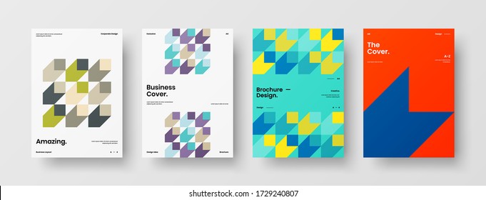 Company identity brochure template collection. Business presentation vector vertical orientation front page mock up set. Corporate report cover abstract geometric illustration design layout bundle.