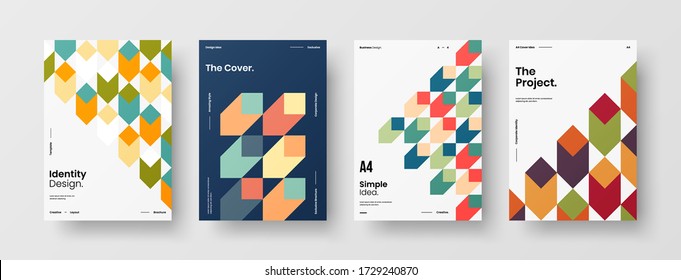 Company identity brochure template collection. Business presentation vector vertical orientation front page mock up set. Corporate report cover abstract geometric illustration design layout bundle.