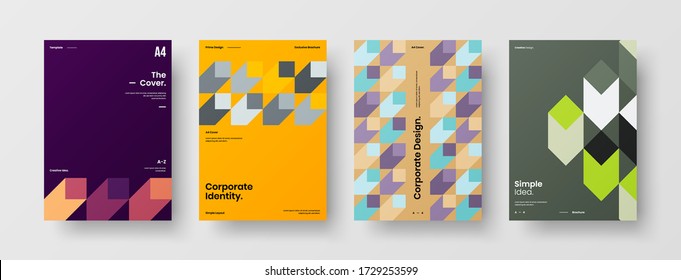Company identity brochure template collection. Business presentation vector vertical orientation front page mock up set. Corporate report cover abstract geometric illustration design layout bundle.