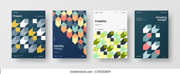 Company identity brochure template collection. Business presentation vector vertical orientation front page mock up set. Corporate report cover abstract geometric illustration design layout bundle.