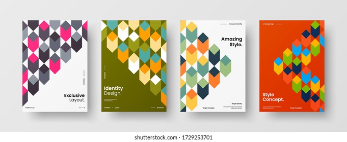 Company identity brochure template collection. Business presentation vector vertical orientation front page mock up set. Corporate report cover abstract geometric illustration design layout bundle.