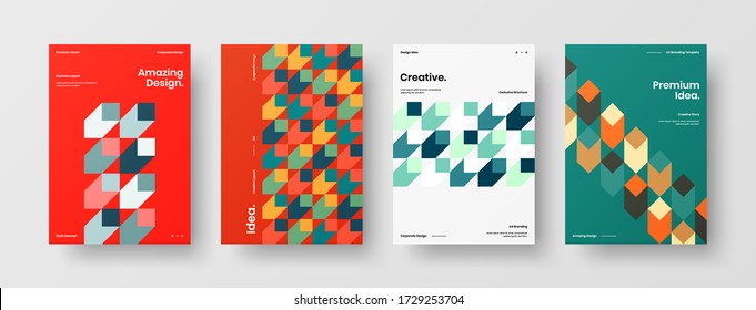 Company identity brochure template collection. Business presentation vector vertical orientation front page mock up set. Corporate report cover abstract geometric illustration design layout bundle.