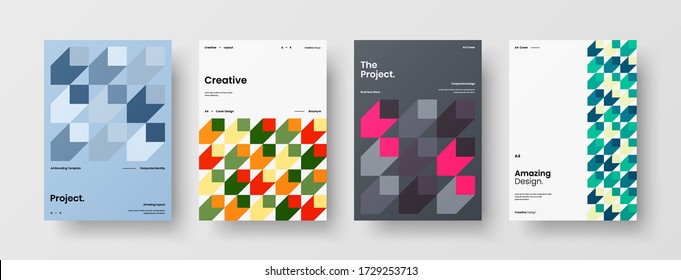 Company identity brochure template collection. Business presentation vector vertical orientation front page mock up set. Corporate report cover abstract geometric illustration design layout bundle.