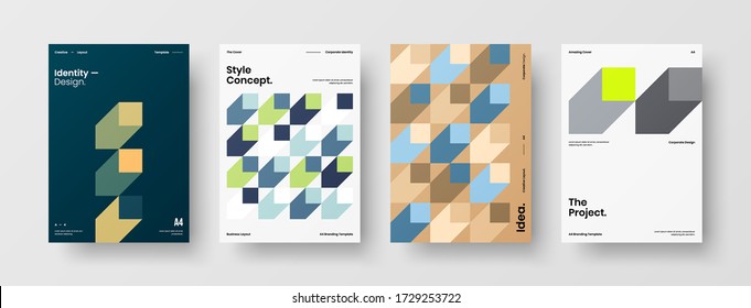 Company identity brochure template collection. Business presentation vector vertical orientation front page mock up set. Corporate report cover abstract geometric illustration design layout bundle.