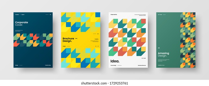 Company identity brochure template collection. Business presentation vector vertical orientation front page mock up set. Corporate report cover abstract geometric illustration design layout bundle.