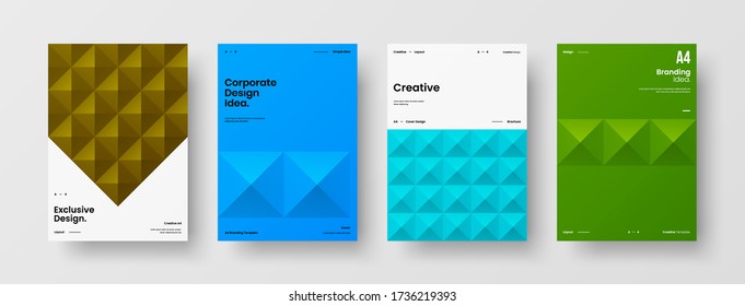 Company identity brochure template collection. Business presentation vector A4 vertical orientation front page mock up set. Corporate report cover abstract geometric illustration design layout bundle.