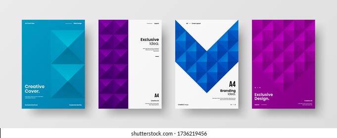Company identity brochure template collection. Business presentation vector A4 vertical orientation front page mock up set. Corporate report cover abstract geometric illustration design layout bundle.