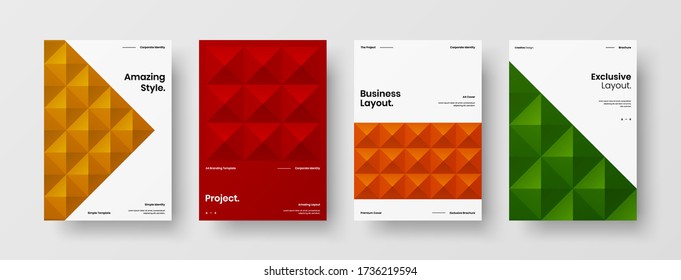 Company identity brochure template collection. Business presentation vector A4 vertical orientation front page mock up set. Corporate report cover abstract geometric illustration design layout bundle.