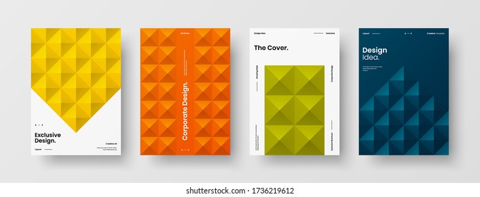 Company identity brochure template collection. Business presentation vector A4 vertical orientation front page mock up set. Corporate report cover abstract geometric illustration design layout bundle.