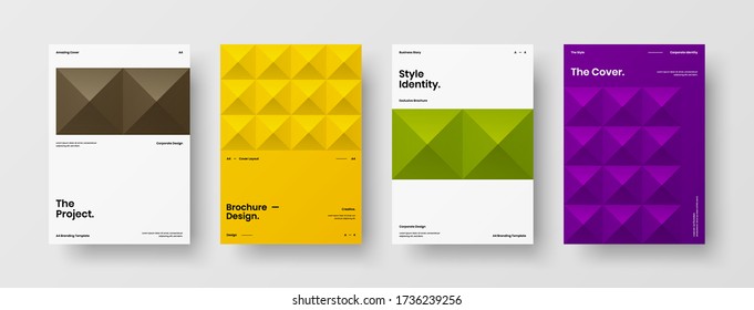 Company identity brochure template collection. Business presentation vector vertical orientation front page mock up set. Corporate report cover abstract geometric illustration design layout bundle.