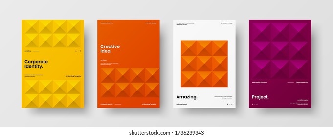 Company identity brochure template collection. Business presentation vector vertical orientation front page mock up set. Corporate report cover abstract geometric illustration design layout bundle.