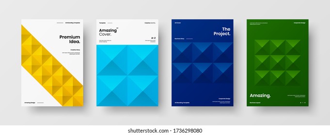 Company identity brochure template collection. Business presentation vector vertical orientation front page mock up set. Corporate report cover abstract geometric illustration design layout bundle.