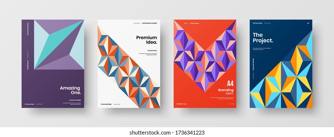 Company identity brochure template collection. Business presentation vector vertical orientation front page mock up set. Corporate report cover abstract geometric illustration design layout bundle.