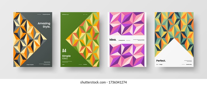 Company identity brochure template collection. Business presentation vector vertical orientation front page mock up set. Corporate report cover abstract geometric illustration design layout bundle.