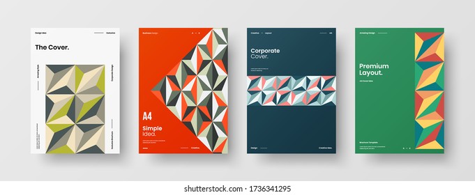 Company identity brochure template collection. Business presentation vector vertical orientation front page mock up set. Corporate report cover abstract geometric illustration design layout bundle.