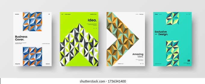 Company identity brochure template collection. Business presentation vector vertical orientation front page mock up set. Corporate report cover abstract geometric illustration design layout bundle.